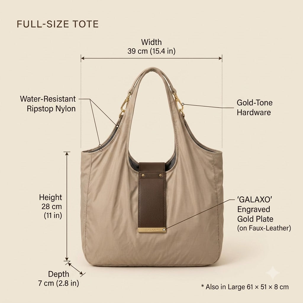 Full-size tote dimensions and materials